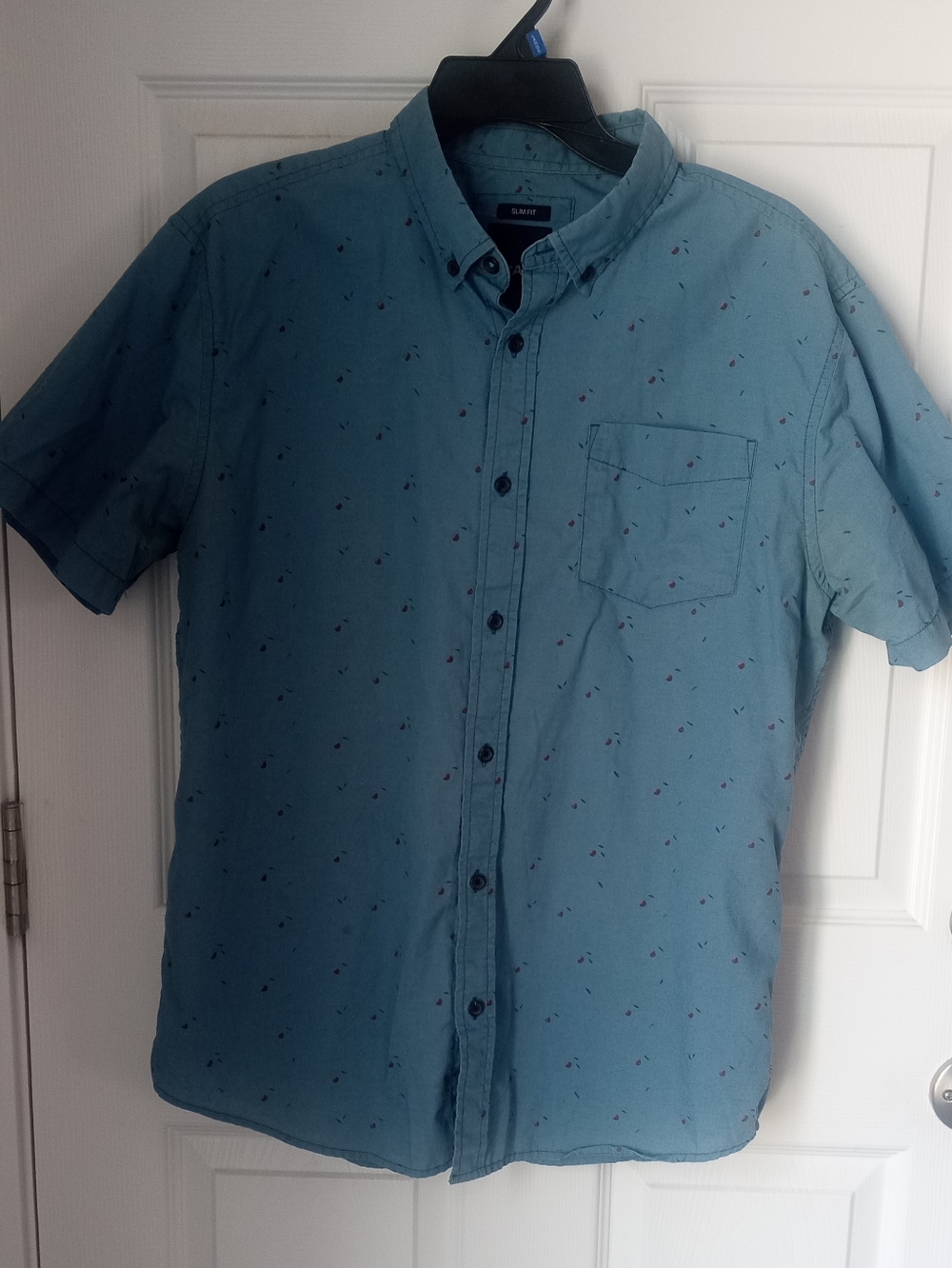 Prana Teal Short-Sleeve Button-Down Shirt with Subtle Print